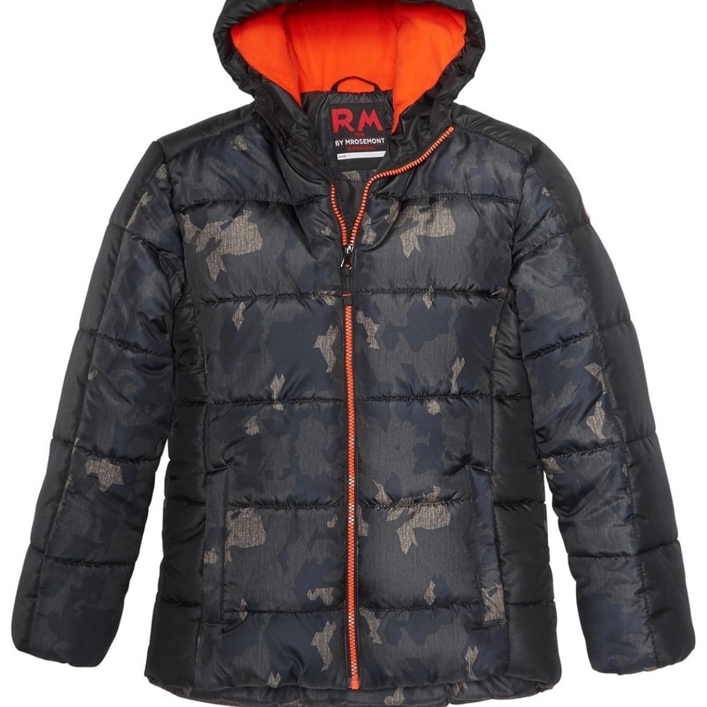 BOY’S camouflage & orange PUFFER JACKET SIZE 8 LIKE NEW/ZERO SIGNS OF WEAR
